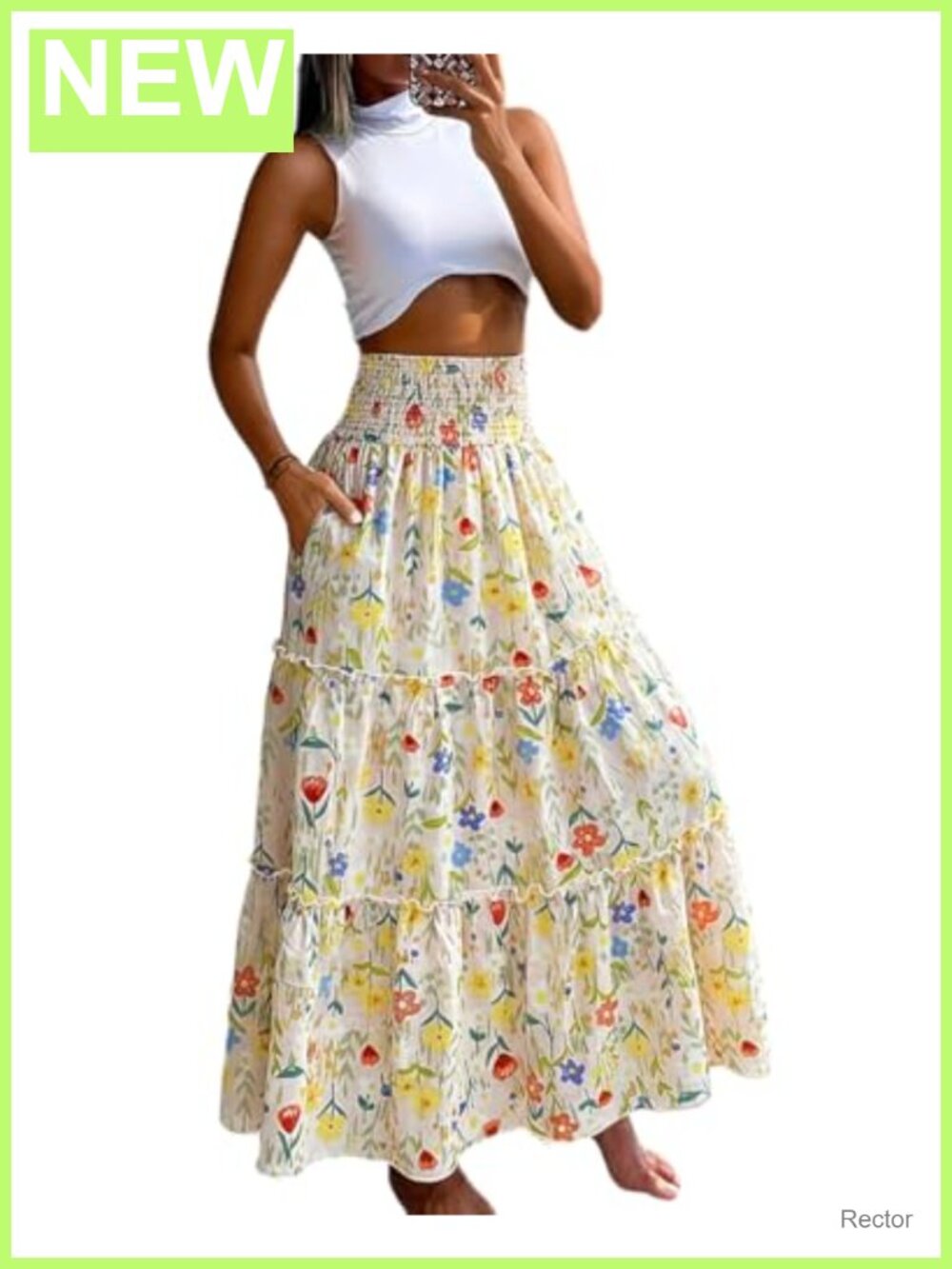Boho Floral Viscose Maxi Skirt with Pockets Tiered Ruffle A-Line